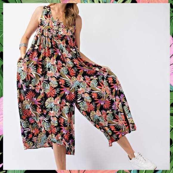 EASEL "Tropical Vibes" Lightweight & Oversized V-Neck Sleeveless Romper Jumpsuit - Picture 13 of 16